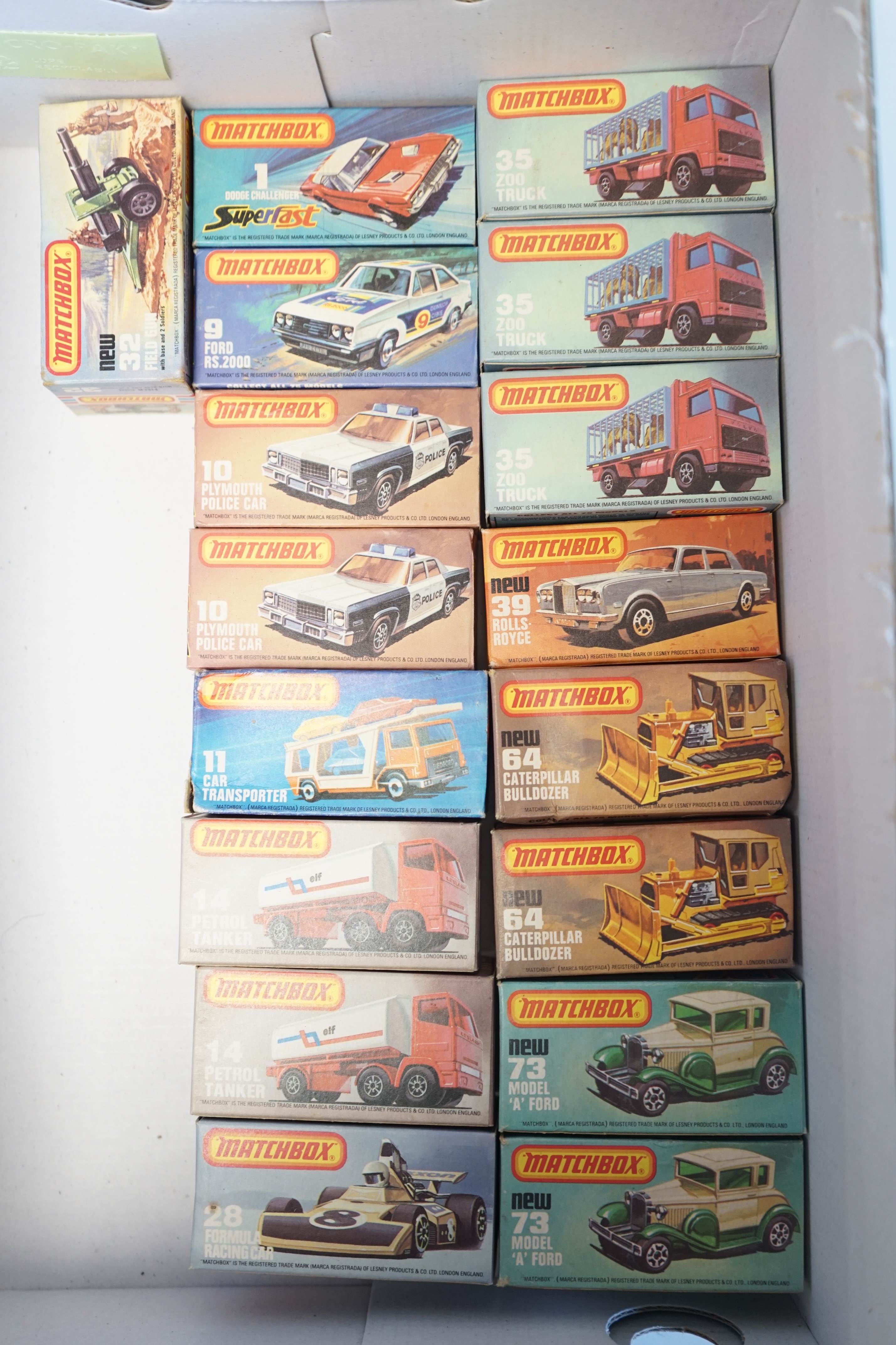 Seventeen boxed Matchbox Series 1-75 diecast vehicles including; 1; Dodge Challenger, 9; Ford RS 2000, 10; Plymouth Police Car and another, 11; Car Transporter, 14; Petrol Tanker and another, 28; Formula Racing Car, 32;